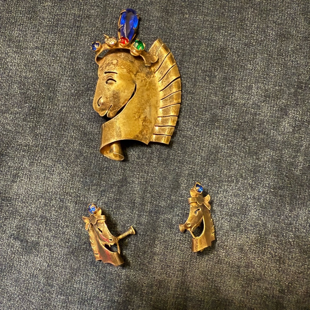 Gold Horse Brooch and Earrings Set with Gem Accents